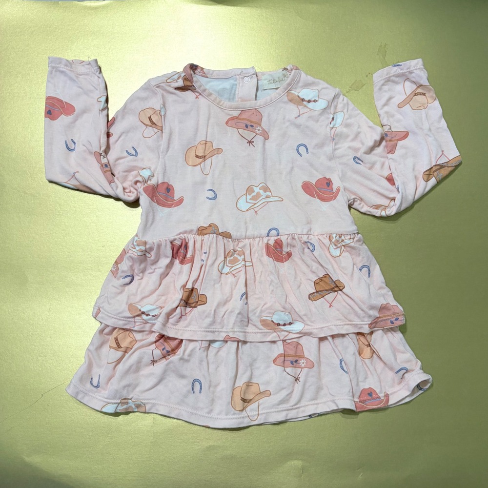 Tullabee 2T Girls Pink Bamboo Western Cowboy Hat Horseshoe Tiered Dress 2T